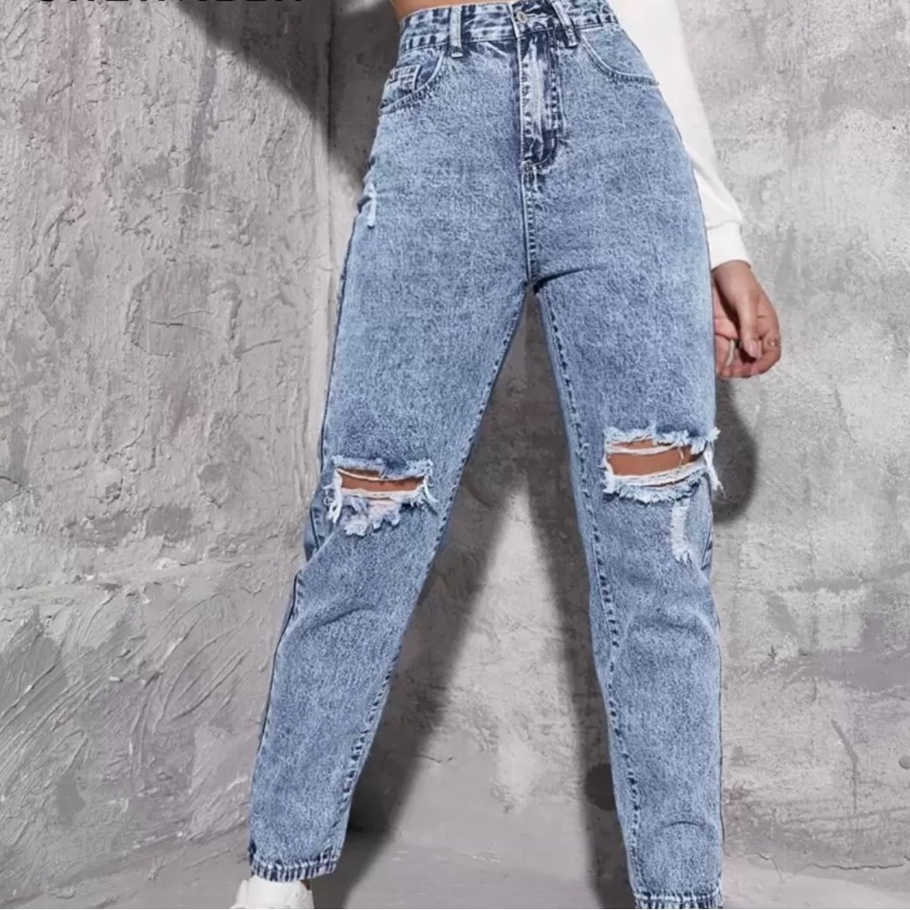High-Waisted Distressed Blue Jeans